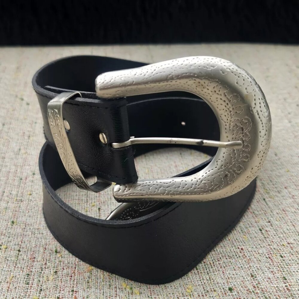 Faux Leather Belt Black Began Women Waistband Pin Buckle Unisex Belt Size 26-27